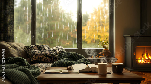 Cozy Rainy Day Living Room Scene with Fireplace and Coffee