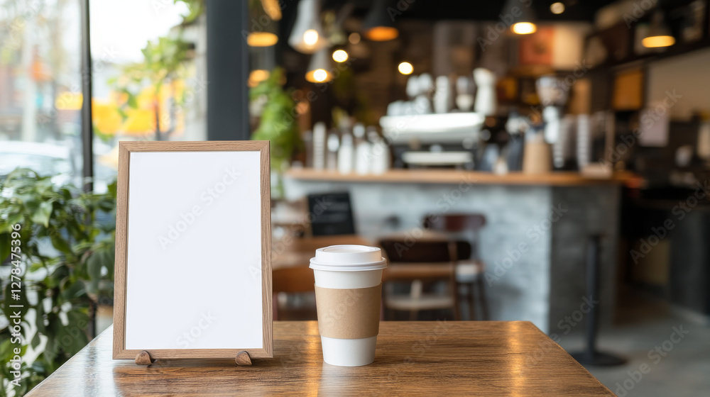 A warm cup of coffee rests on a wooden table next to an empty frame, showcasing a cozy atmosphere in a cafe during morning hours, with soft lighting and greenery in the background A warm cup of coffee rests on a wooden table next to an empty frame, showcasing a cozy atmosphere in a cafe during morning hours, with soft lighting and greenery in the background