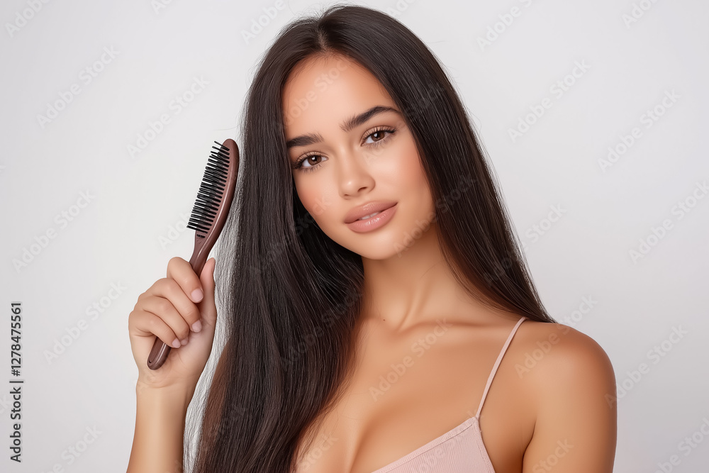 Stylish photo of a woman with beautiful hair holding a hairbrush in her hand Stylish photo of a woman with beautiful hair holding a hairbrush in her hand