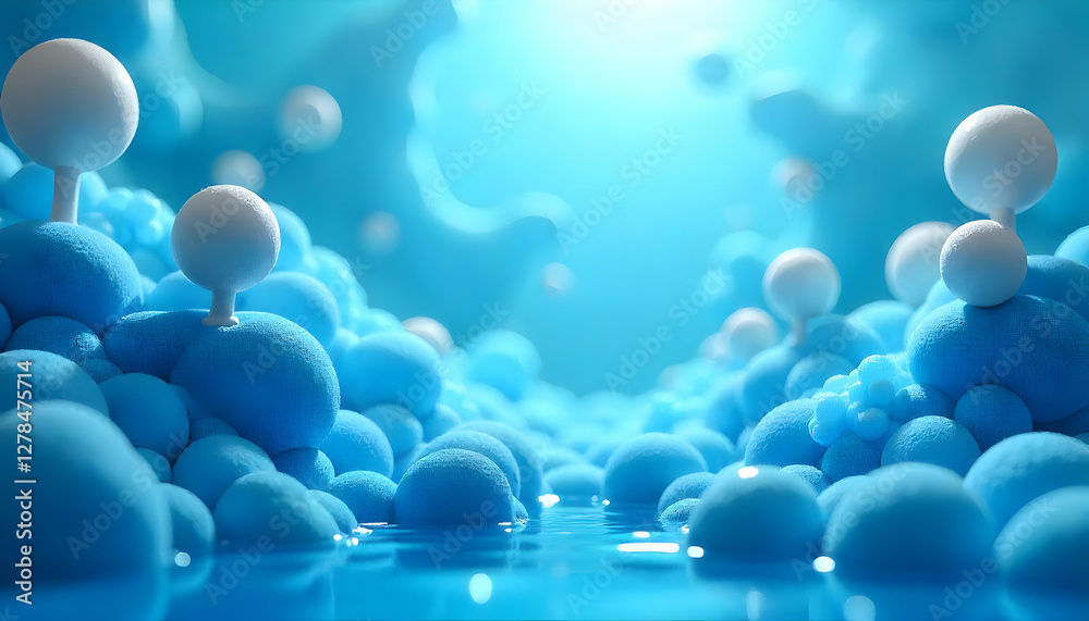 Dreamscape of serene blue spheres and floating white orbs above glimmering water Dreamscape of serene blue spheres and floating white orbs above glimmering water
