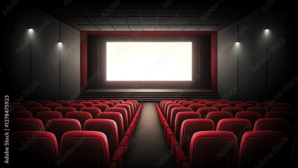 Empty Movie Theater with Red Seats and Large Blank Screen in a Dark Auditorium Empty Movie Theater with Red Seats and Large Blank Screen in a Dark Auditorium