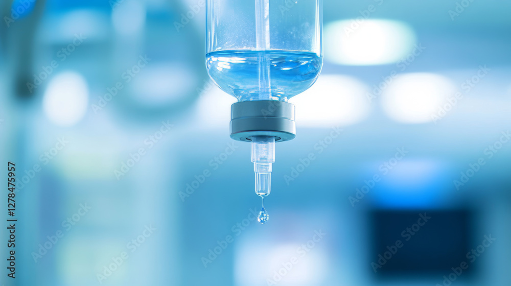 A medical IV drip is seen suspended, with a single droplet of fluid hanging from the tube, indicating the process of administering treatment in a sterile healthcare environment A medical IV drip is seen suspended, with a single droplet of fluid hanging from the tube, indicating the process of administering treatment in a sterile healthcare environment