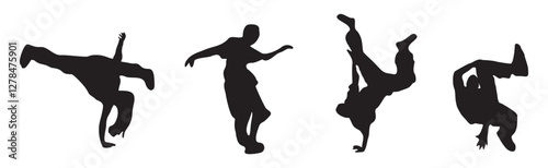 Set of dancing people silhouettes. Break dance, hip-hop street dancer isolated on transparent background