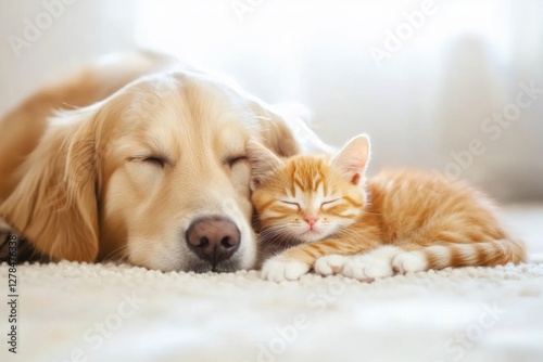 Orange kitten and golden retriever puppy cuddle together. Lovely dog and cat sleep. Perfect concept for pet supply , baby product, indoor advertising.