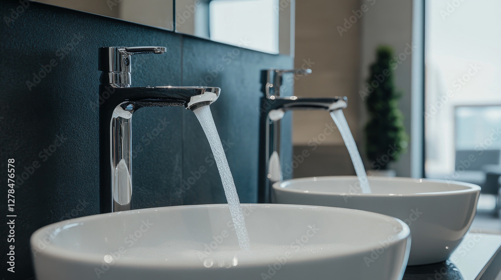 Bright sunlight fills a modern bathroom featuring two elegant white sinks with sleek faucets. Water flows steadily from the faucets, creating a refreshing atmosphere in a minimalist space Bright sunlight fills a modern bathroom featuring two elegant white sinks with sleek faucets. Water flows steadily from the faucets, creating a refreshing atmosphere in a minimalist space