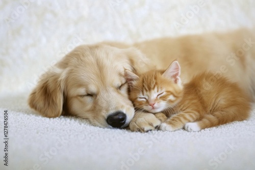 Orange kitten and golden retriever puppy cuddle together. Lovely dog and cat sleep. Perfect concept for pet supply , baby product, indoor advertising.