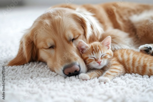 Orange kitten and golden retriever puppy cuddle together. Lovely dog and cat sleep. Perfect concept for pet supply , baby product, indoor advertising.