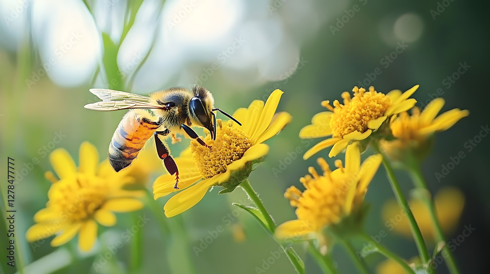 honey bee on yellow flower gathering pollen in the garden honey bee on yellow flower gathering pollen in the garden