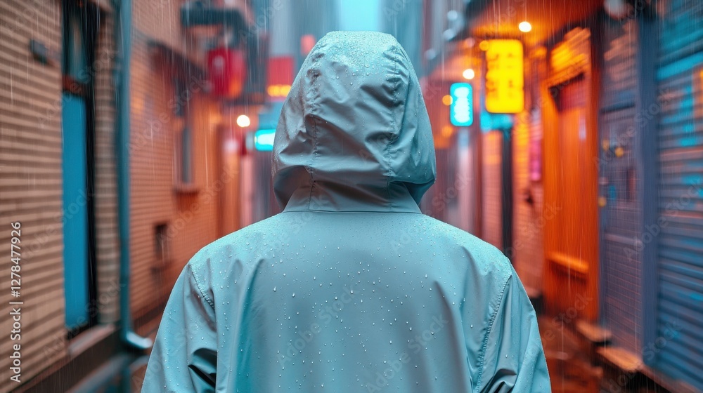 Naklejka premium A mysterious figure wearing a hooded jacket, standing alone in a dimly lit alley as raindrops glisten under the neon lights.