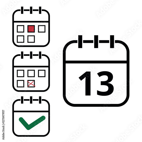 Calendar icons with different hollow shapes isolated on transparent background for websites and graphic resources. Calendar with specific day marked, day 13.