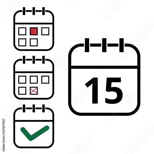 Calendar icons with different hollow shapes isolated on transparent background for websites and graphic resources. Calendar with specific day marked, day 15.