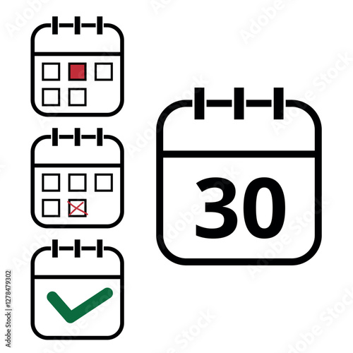 Calendar icons with different hollow shapes isolated on transparent background for websites and graphic resources. Calendar with specific day marked, day 30.