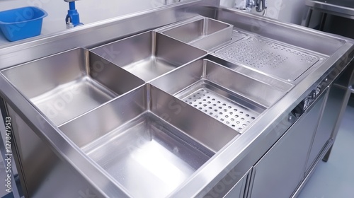 Wallpaper Mural Stainless steel industrial tray cleaner with multiple spray zones for deep sanitization. Torontodigital.ca