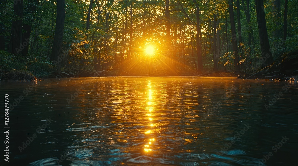 Obraz premium Golden Sunset Glows Over Forest River