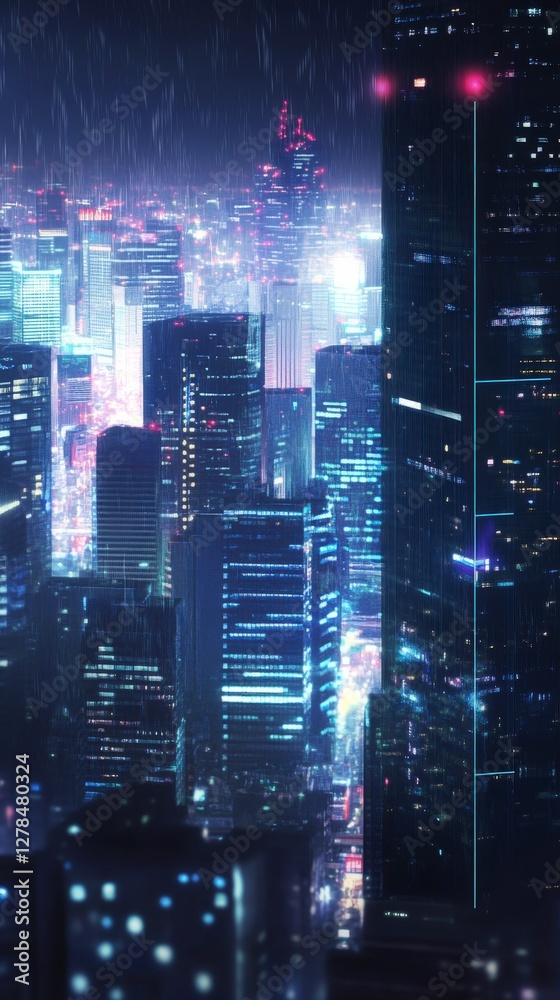 Obraz premium Rainy Night Cityscape: Futuristic Metropolis Under Neon Lights