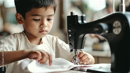 Child labor in sweatshop conditions with tired eyes and worn hands