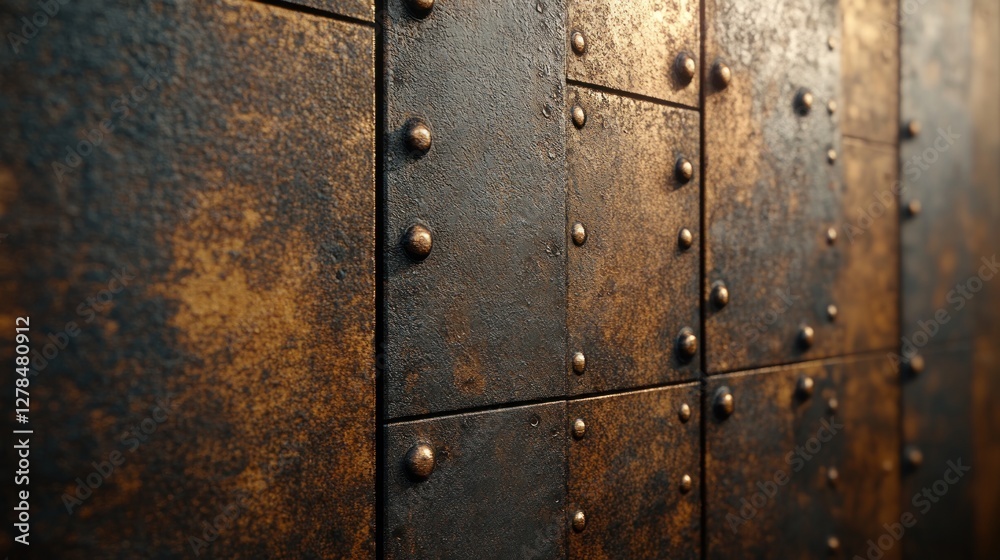 Fototapeta premium Rustic metal panels, wall texture, rivets, sunlight, industrial design