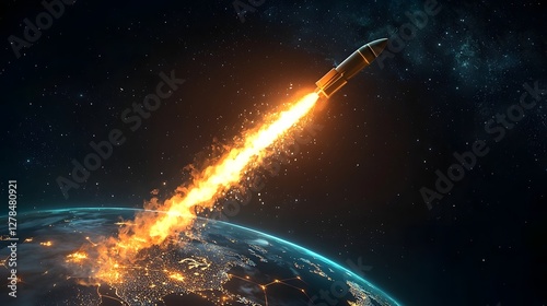 Glowing rocket trail streaking against a digital globe symbolizing the expansion and growth of global business technological innovation and economic progress in the modern world