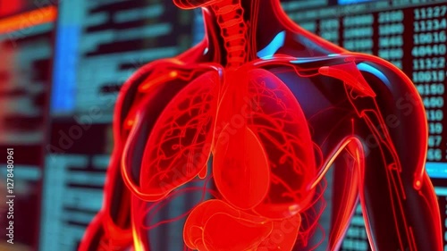 holographic 3D human body, semi-transparent, internal organs highlighted, floating in digital interface.