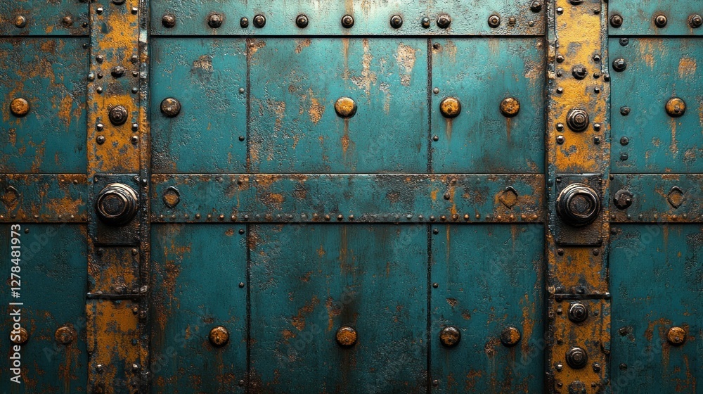 Rustic teal metal gate, gold accents, grunge background, texture design Rustic teal metal gate, gold accents, grunge background, texture design