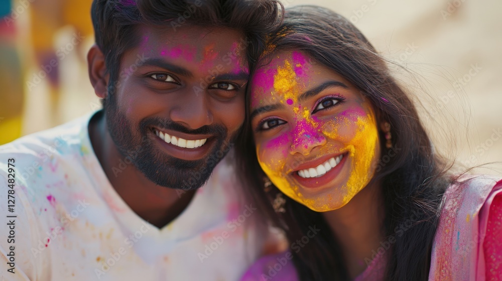 Fototapeta premium Happy Indian Couple Celebrating Holi Festival with Color Powder (Gulal) Photo.Fictional Character Created By Generative AI