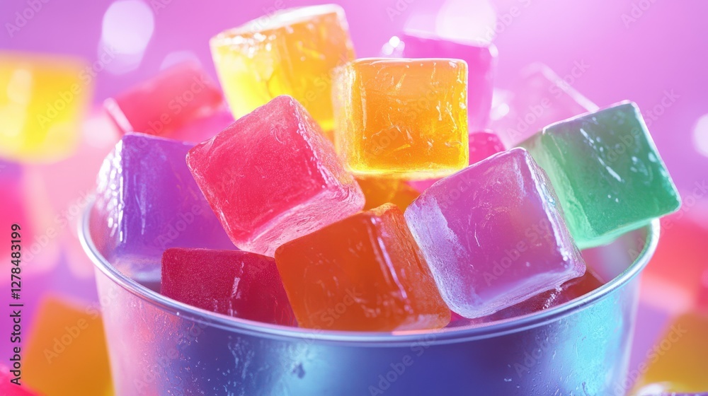 Colorful jellies in bowl, bokeh background
