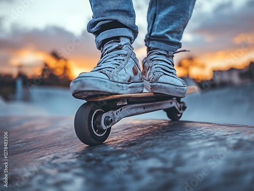Person skateboarding on urban ramp at sunset