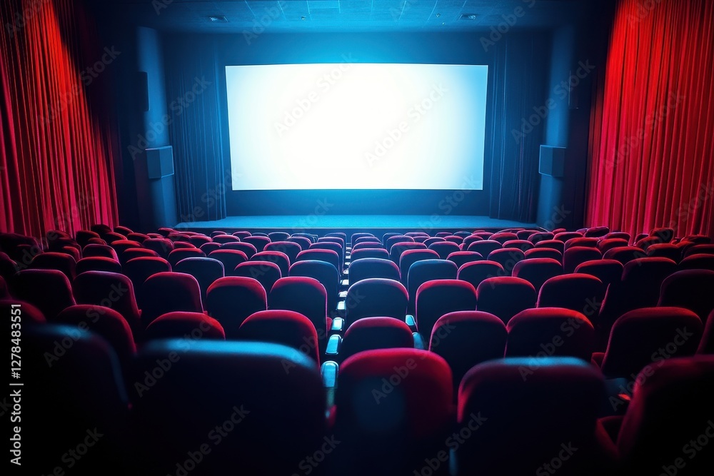 Empty Movie Theater with Red Seats and Bright Projection Screen Empty Movie Theater with Red Seats and Bright Projection Screen