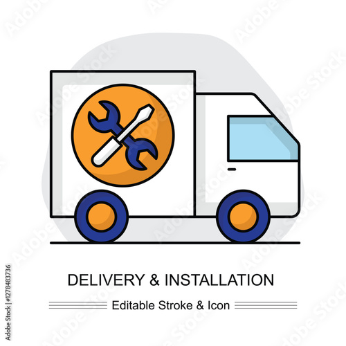 Delivery & Installation Icon: A white truck with blue wheels and an orange circle containing a wrench and screwdriver, symbolizing efficient delivery and installation services. Ideal for logistics.