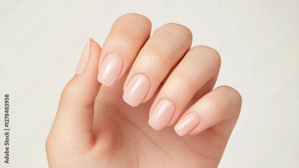 Elegant hand with perfectly manicured soft pink nails against a light neutral background for beauty and fashion themes Elegant hand with perfectly manicured soft pink nails against a light neutral background for beauty and fashion themes