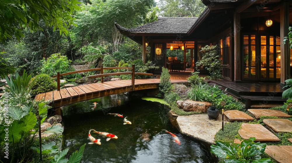 A small wooden bridge over the koi pond.