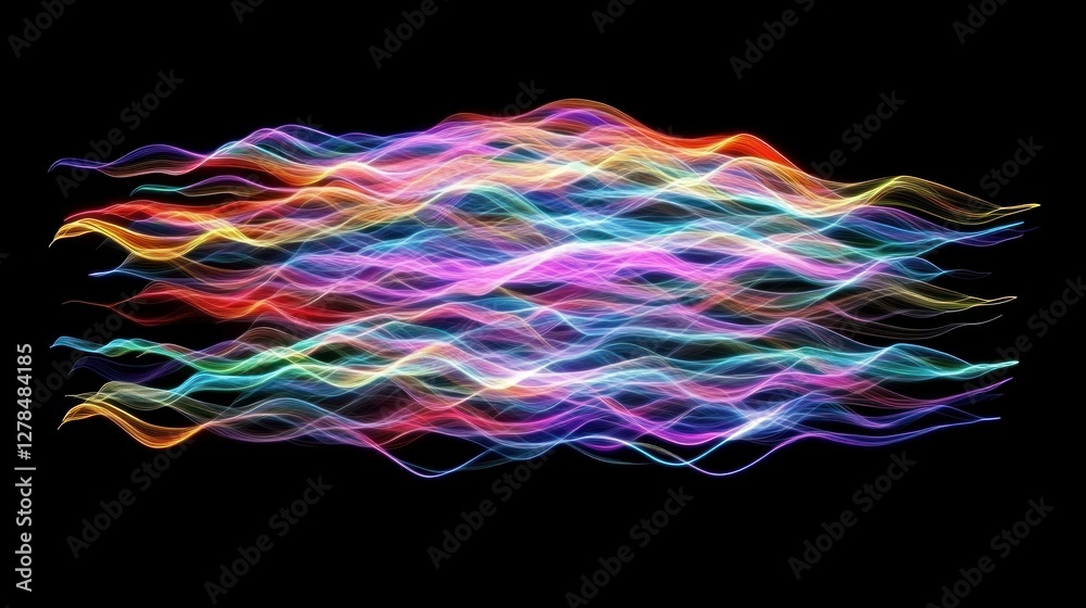 Fototapeta premium Colorful abstract wavy lines on black background.
