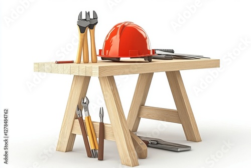 Construction Tools and Safety Gear on Wooden Workbench Setup