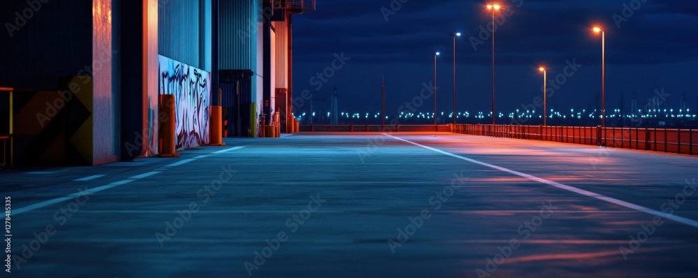 Fototapeta premium Night city wharf road, building, lights, cityscape, background