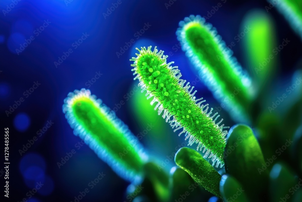 Fototapeta premium Glowing green plant close-up, dark background, lab setting, science research