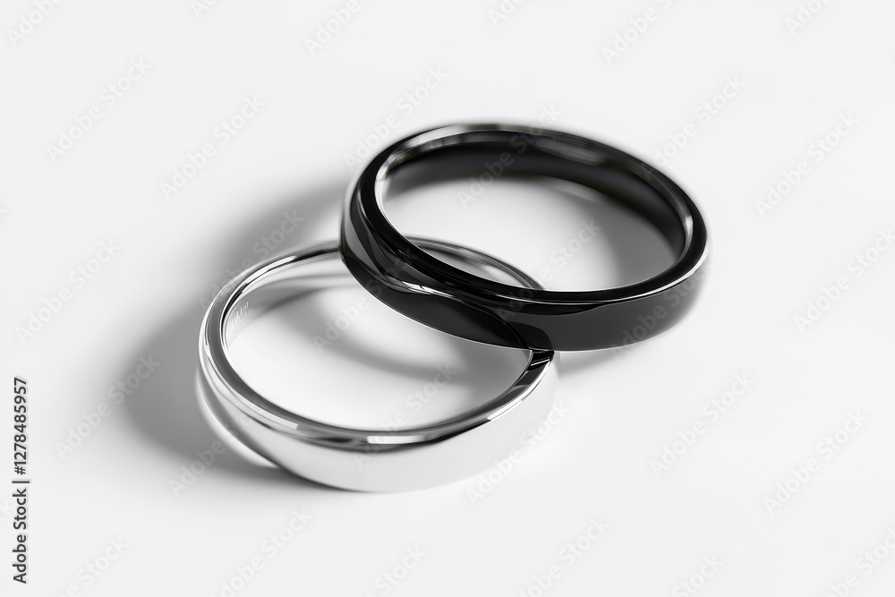 Two distinct wedding bands, one black and one silver, are positioned overlapping on a clean white surface. The design highlights their elegant simplicity and modern style Two distinct wedding bands, one black and one silver, are positioned overlapping on a clean white surface. The design highlights their elegant simplicity and modern style