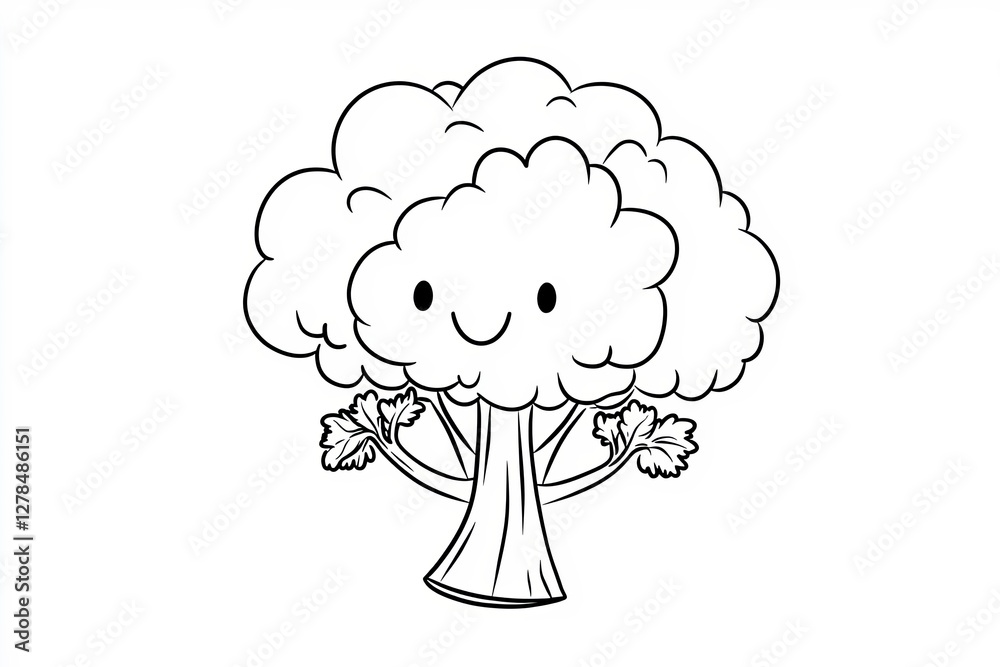 Tiny broccoli with tiny arms, surrounded by little clouds. Tiny broccoli with tiny arms, surrounded by little clouds.