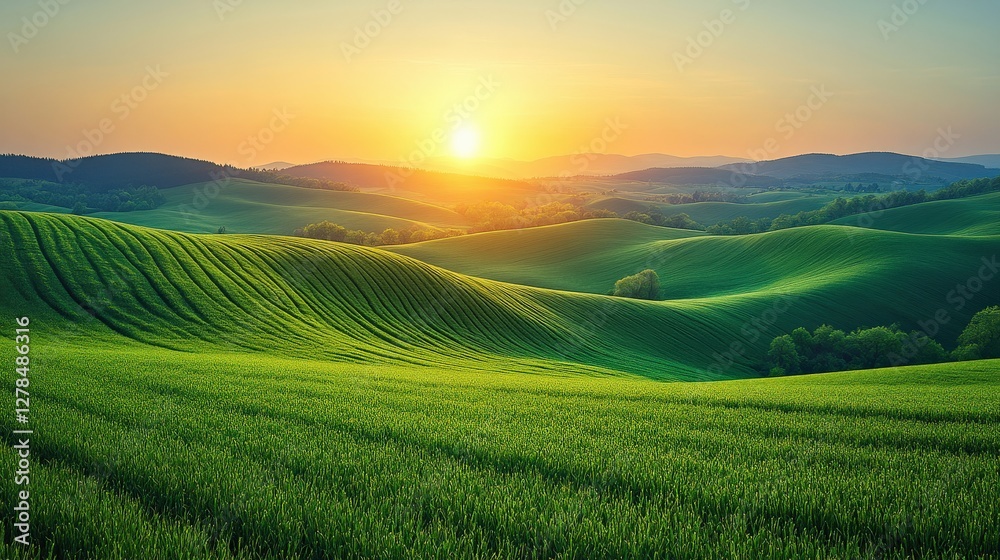 Fototapeta premium Serene sunrise over rolling green hills, with vibrant fields and distant mountains in the background