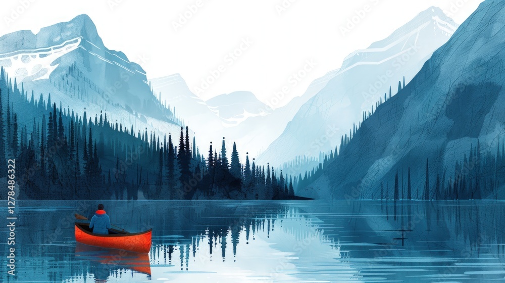 Serene Solitude: A Canoeist on a Tranquil Mountain Lake