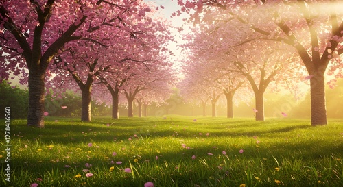 Paisaje primaveral sereno con flores florecientes y luz solar suave – Fondo de pantalla de escritorio