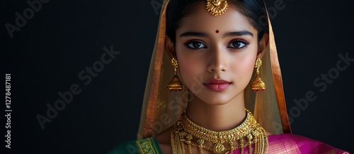 Elegant young woman in traditional attire adorned with jewelry and a dupatta against a dark background photo