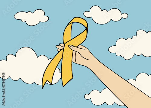 Hand Raising a Yellow Ribbon Against a Blue Sky for World Obesity Day