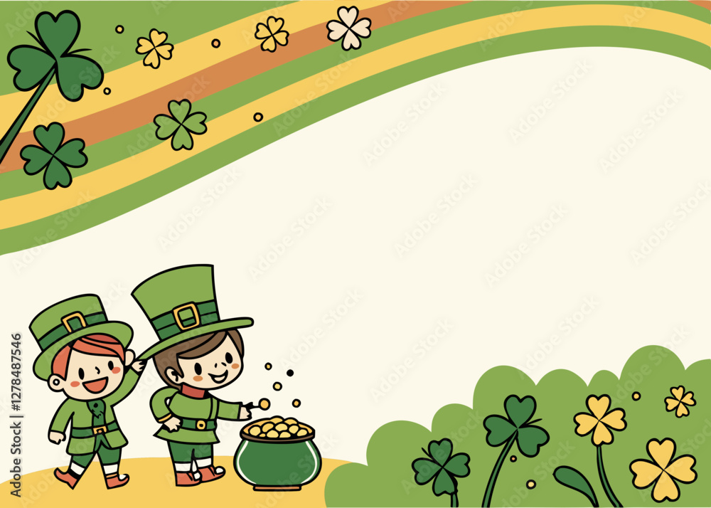 Obraz premium Two Leprechauns Celebrating with Shamrocks and a Rainbow for St. Patrick's Day