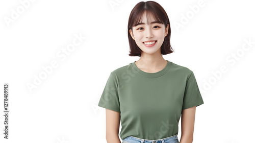 young beautiful korean woman with short haired bang style wearing a green T-shirt and jeans, front view, mockup template concept