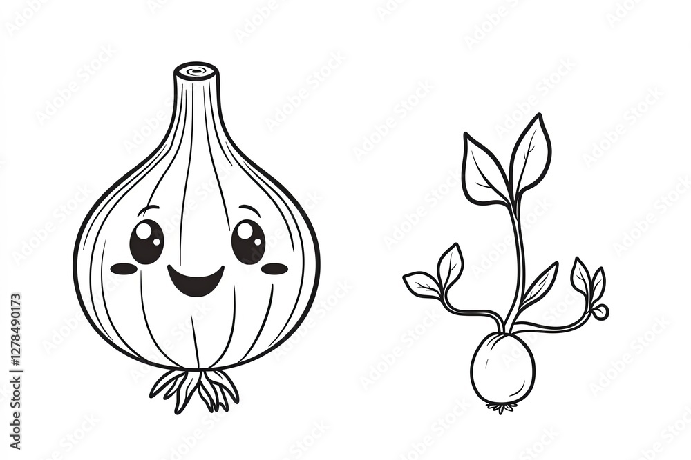 Baby onion with a happy face, holding a tiny sprout. Baby onion with a happy face, holding a tiny sprout.