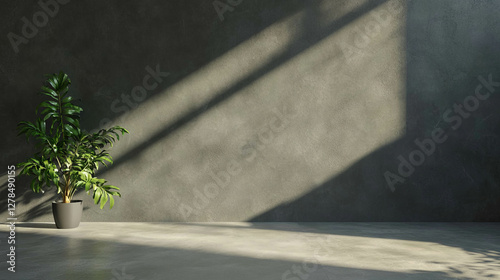 Modern interior with smooth slate effect grey wall and green plant in sunlit room