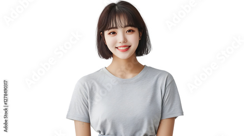 young beautiful korean woman with short haired bang style wearing a gray T-shirt and jeans, front view, mockup template concept