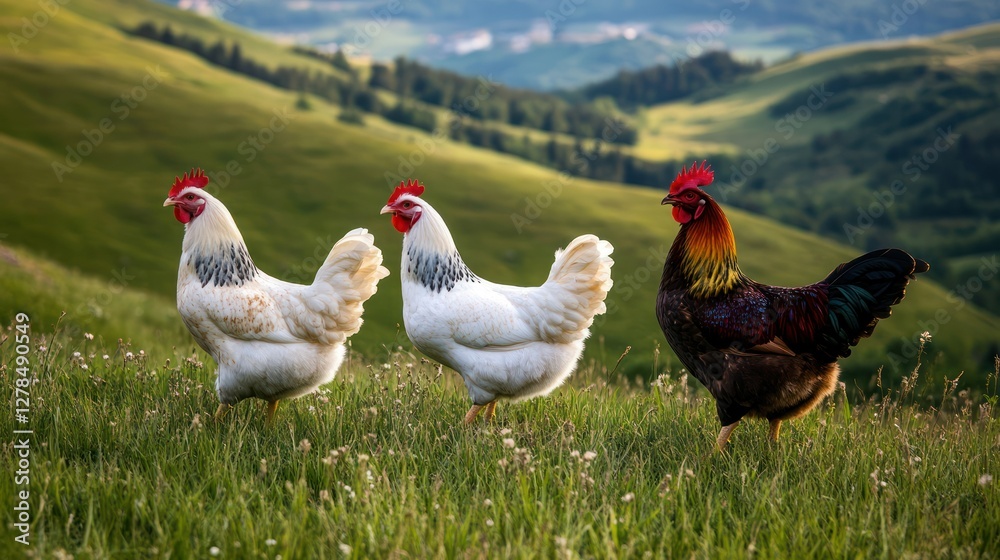 Fototapeta premium Hens, rooster, hillside pasture, sunset