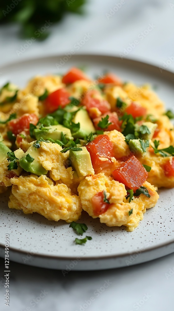 Scrambled Eggs with Avocado, Tomato, and Smoked Salmon on Plate Scrambled Eggs with Avocado, Tomato, and Smoked Salmon on Plate
