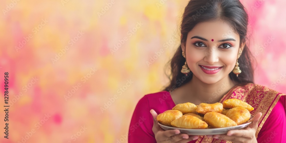 Young Indian Woman Holding a Plate of Food in Saree Photo.Fictional Character Created By Generative AI Young Indian Woman Holding a Plate of Food in Saree Photo.Fictional Character Created By Generative AI